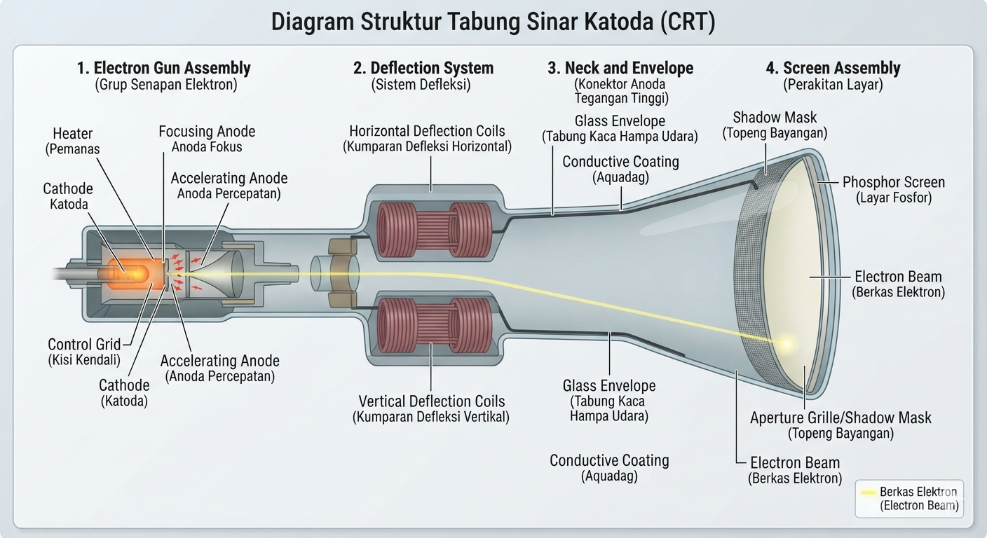 Diagram struktur Tabung Sinar Katoda (CRT) beserta komponen-komponen utamanya