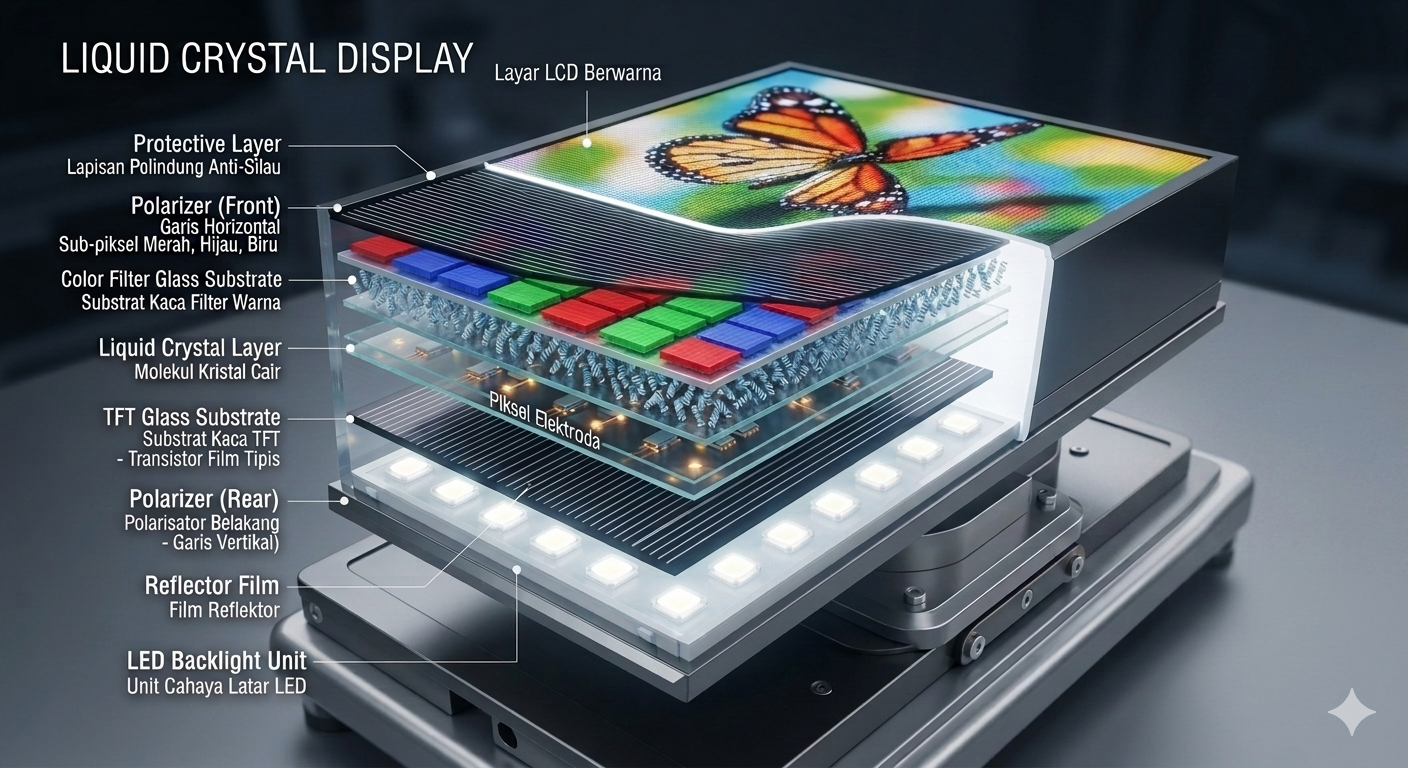 Diagram penampang struktur LCD — lapisan pelindung, polarisator, filter warna, lapisan kristal cair, TFT, dan LED backlight